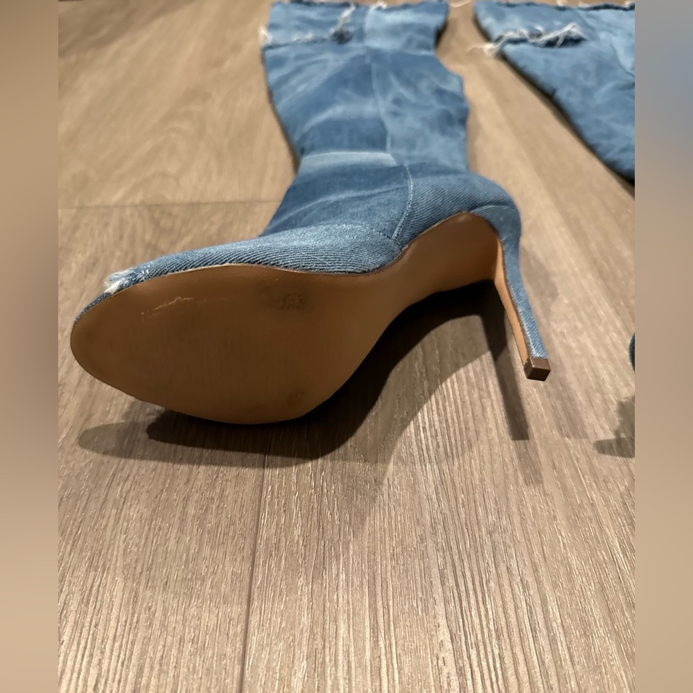 DENIM Over-the-Knee Peep-Toe Boots - Blue - Picture 8 of 9